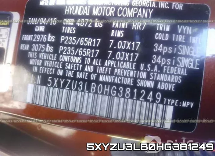 5XYZU3LB0HG381249