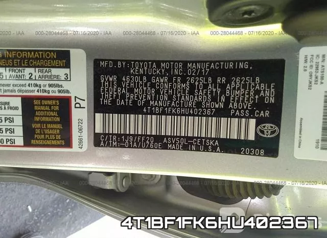 4T1BF1FK6HU402367