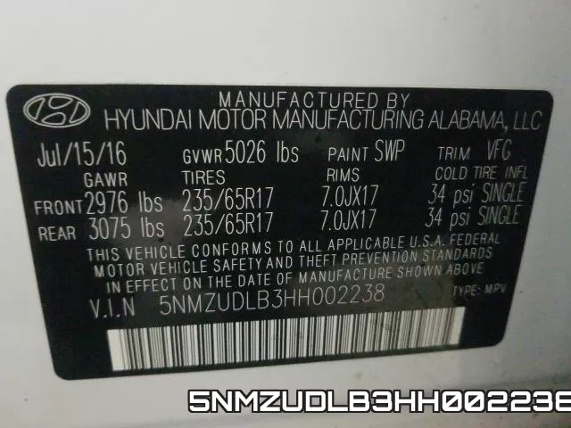 5NMZUDLB3HH002238