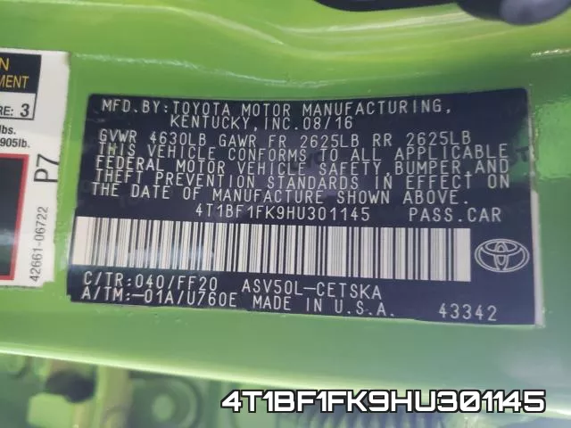 4T1BF1FK9HU301145