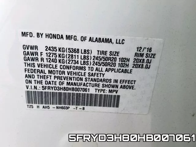 5FRYD3H80HB007061