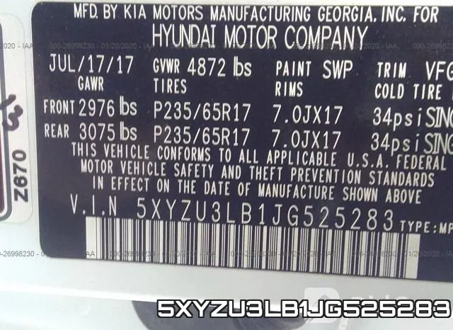 5XYZU3LB1JG525283