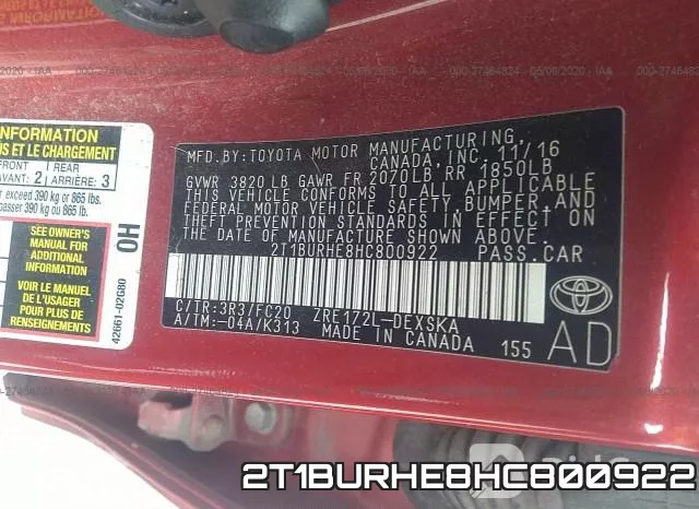 2T1BURHE8HC800922