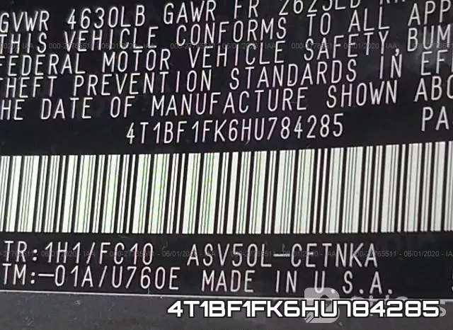 4T1BF1FK6HU784285
