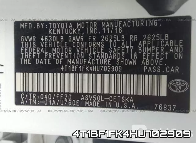 4T1BF1FK4HU702909