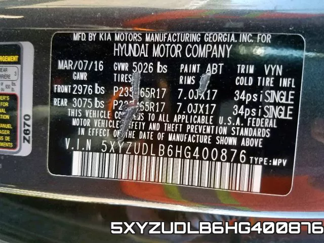 5XYZUDLB6HG400876