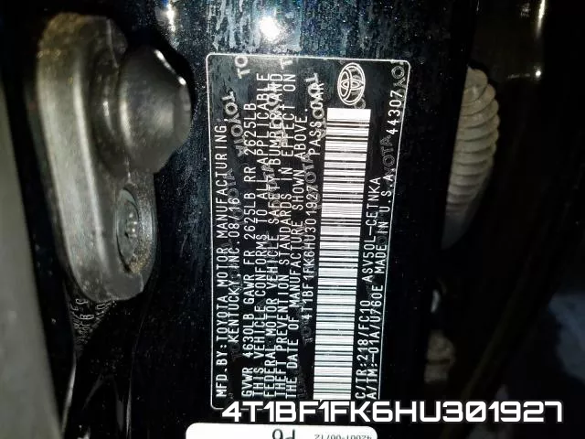 4T1BF1FK6HU301927