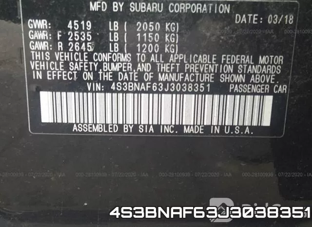 4S3BNAF63J3038351