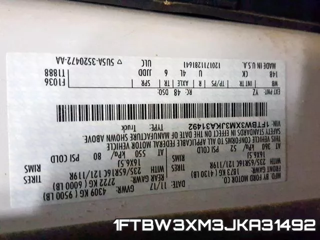 1FTBW3XM3JKA31492