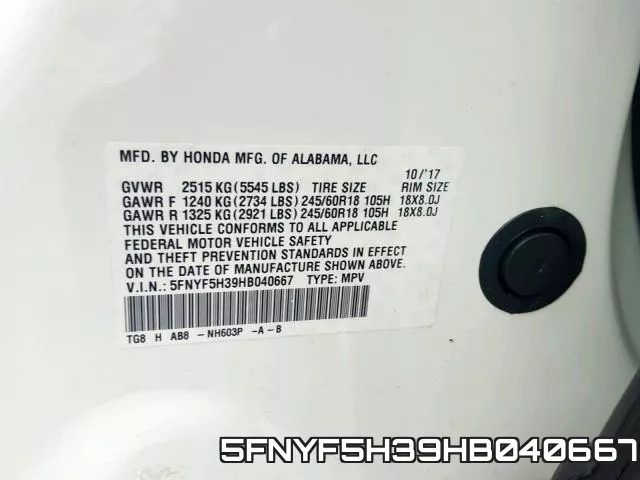 5FNYF5H39HB040667